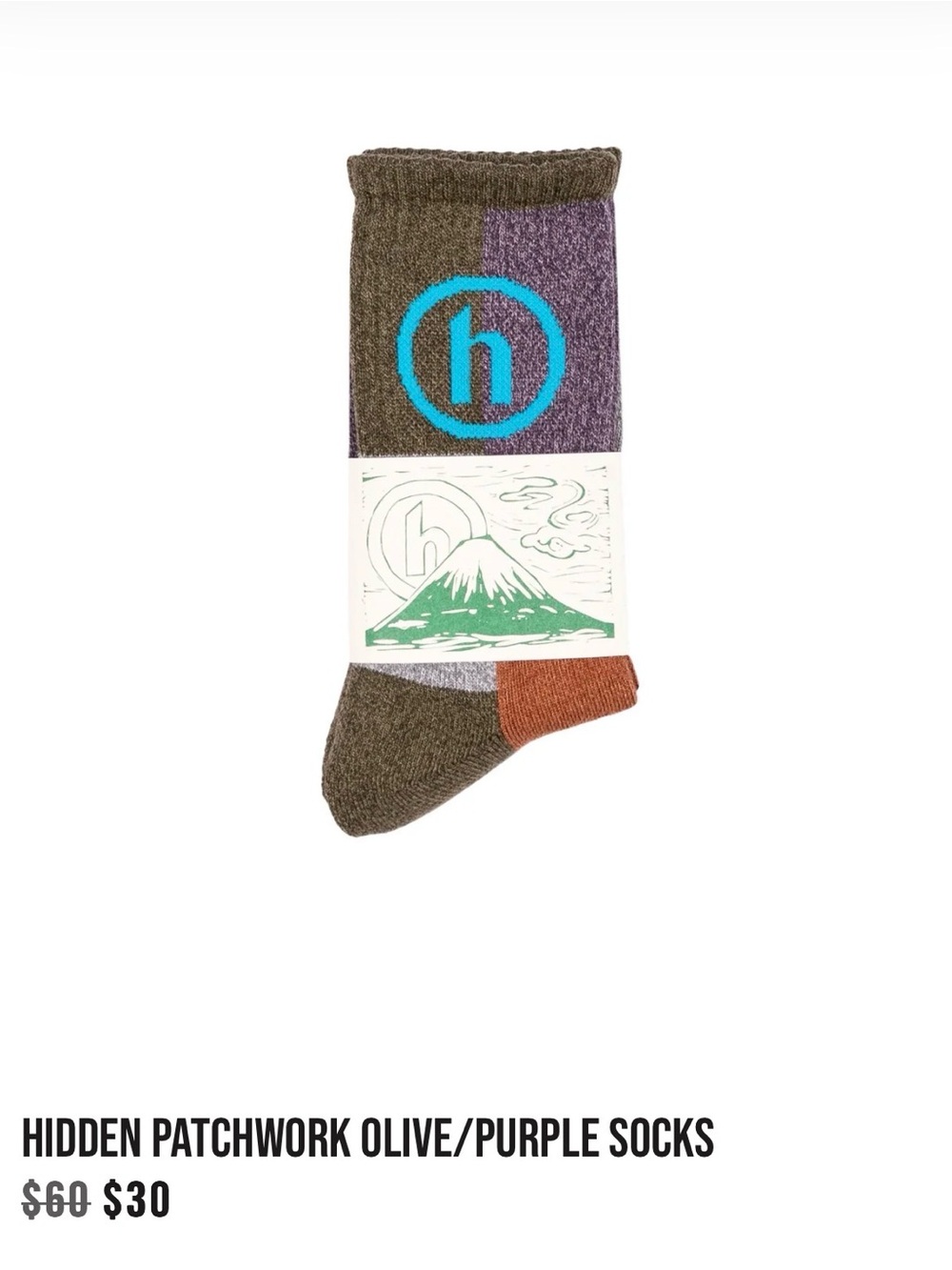 Patchwork Olive & Purple Crew Socks with Rust Toe